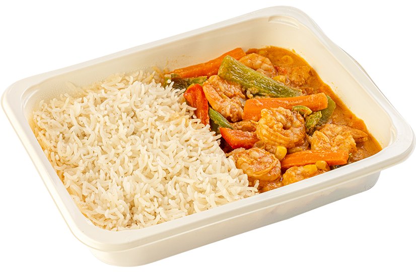 Saucy shrimp with veggies and rice